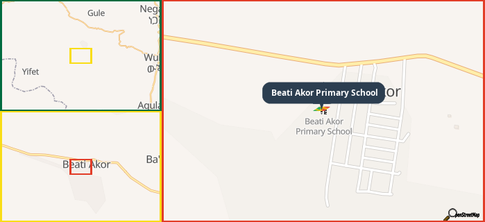 Map showing the address of Beati Akor Primary School in three different zoom levels.