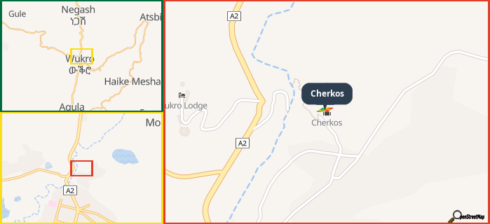 Map showing the address of Cherkos in three different zoom levels.