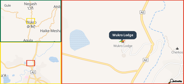 Map showing the address of Wukro Lodge in three different zoom levels.