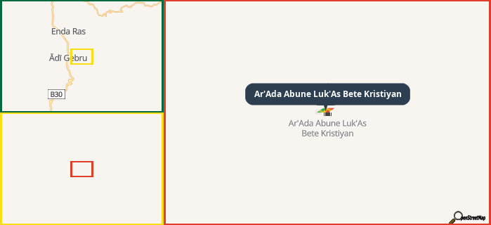 Map showing the address of Ar'Ada Abune Luk'As Bete Kristiyan in three different zoom levels.
