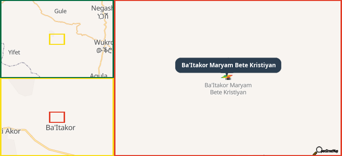 Map showing the address of Ba'Itakor Maryam Bete Kristiyan in three different zoom levels.