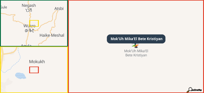 Map showing the address of Mok'Uh Mika'El Bete Kristiyan in three different zoom levels.