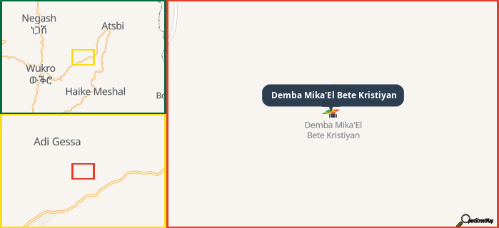 Map showing the address of Demba Mika'El Bete Kristiyan in three different zoom levels.