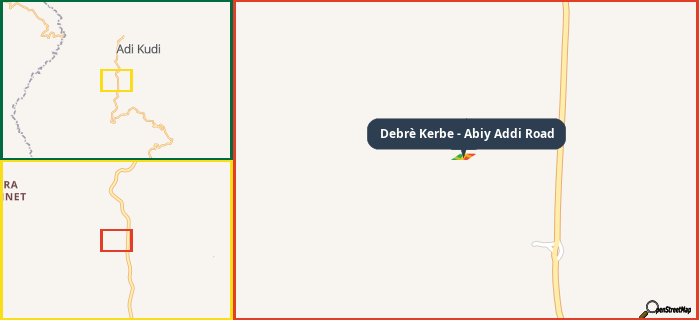 Map showing the address of Debrè Kerbe - Abiy Addi Road in three different zoom levels.