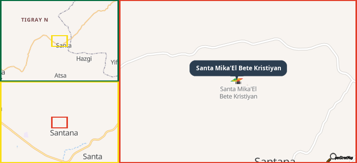 Map showing the address of Santa Mika'El Bete Kristiyan in three different zoom levels.