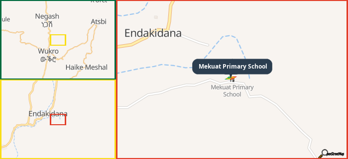 Map showing the address of Mekuat Primary School in three different zoom levels.