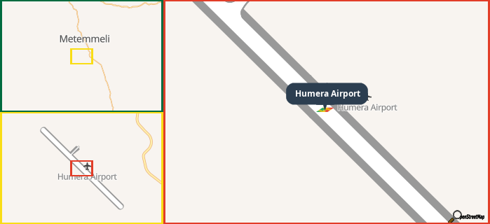 Map showing the address of Humera Airport in three different zoom levels.