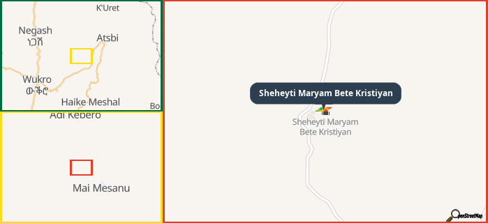 Map showing the address of Sheheyti Maryam Bete Kristiyan in three different zoom levels.