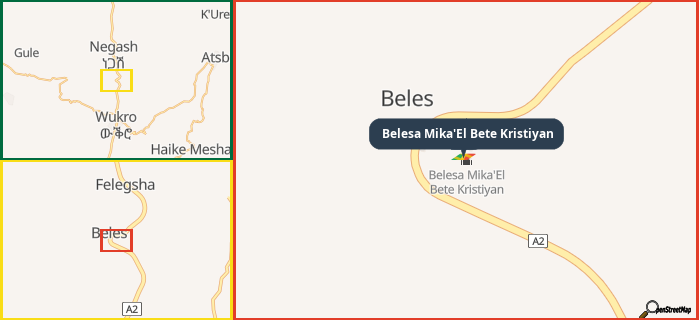 Map showing the address of Belesa Mika'El Bete Kristiyan in three different zoom levels.