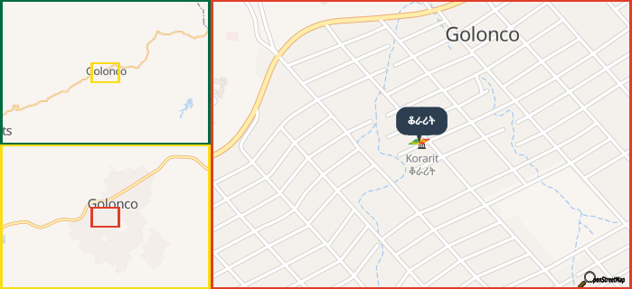 Map showing the address of ቆራሪት in three different zoom levels.