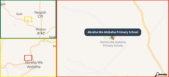Map showing the address of Abreha We Atsbeha Primary School in three different zoom levels.
