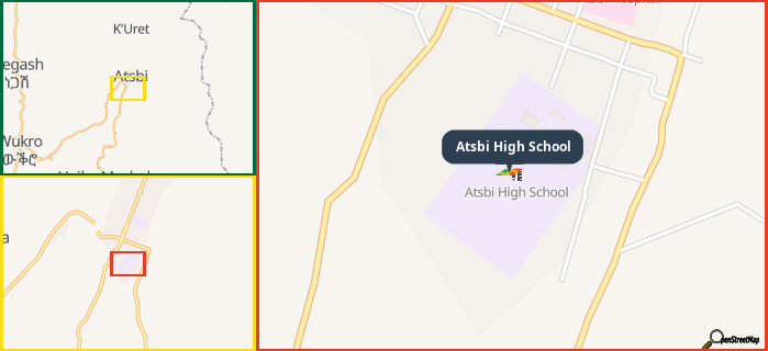 Map showing the address of Atsbi High School in three different zoom levels.