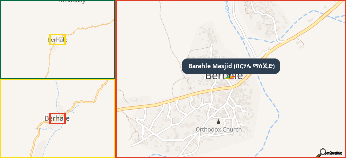 Map showing the address of Barahle Masjid (በርሃሌ ማስጂድ) in three different zoom levels.
