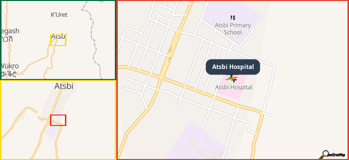 Map showing the address of Atsbi Hospital in three different zoom levels.