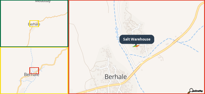 Map showing the address of Salt Warehouse in three different zoom levels.