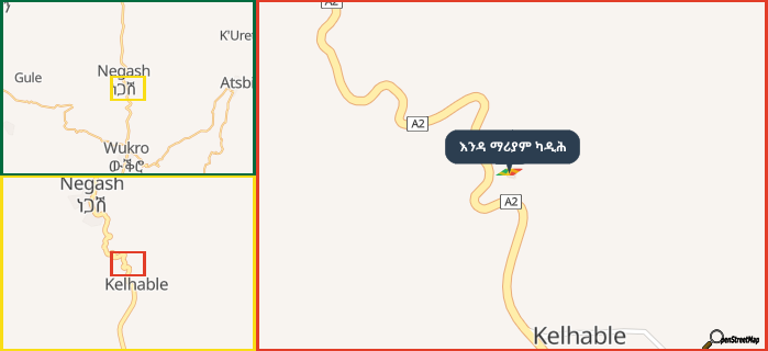 Map showing the address of እንዳ ማሪያም ካዲሕ in three different zoom levels.
