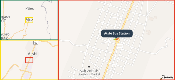 Map showing the address of Atsbi Bus Station in three different zoom levels.