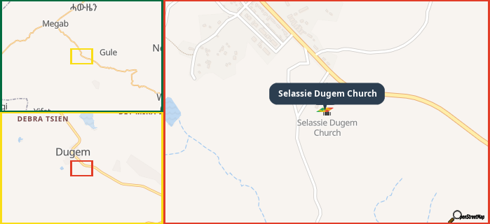 Map showing the address of Selassie Dugem Church in three different zoom levels.