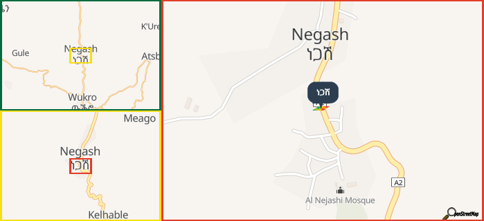 Map showing the address of ነጋሽ in three different zoom levels.