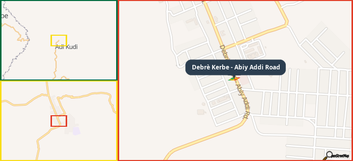 Map showing the address of Debrè Kerbe - Abiy Addi Road in three different zoom levels.