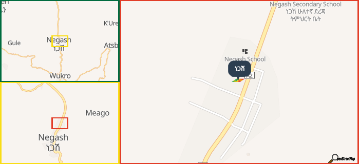 Map showing the address of ነጋሽ in three different zoom levels.