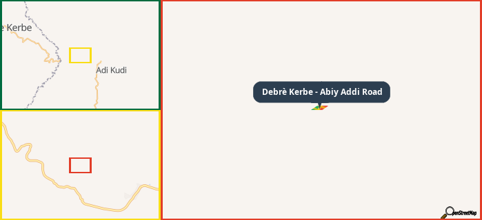 Map showing the address of Debrè Kerbe - Abiy Addi Road in three different zoom levels.