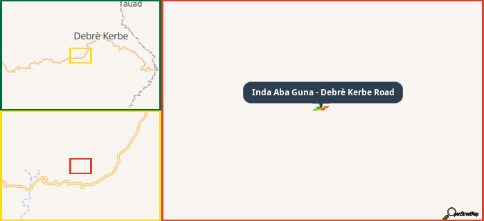 Map showing the address of Inda Aba Guna - Debrè Kerbe Road in three different zoom levels.