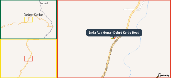 Map showing the address of Inda Aba Guna - Debrè Kerbe Road in three different zoom levels.