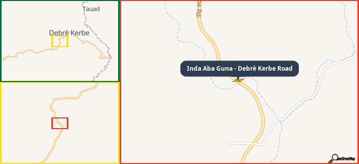 Map showing the address of Inda Aba Guna - Debrè Kerbe Road in three different zoom levels.