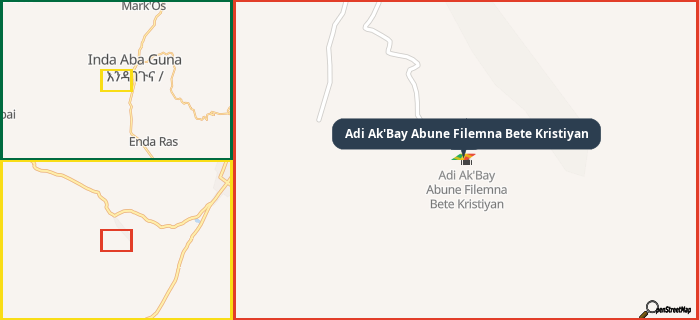 Map showing the address of Adi Ak'Bay Abune Filemna Bete Kristiyan in three different zoom levels.
