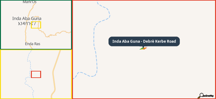 Map showing the address of Inda Aba Guna - Debrè Kerbe Road in three different zoom levels.