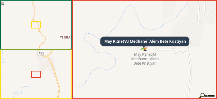 Map showing the address of May K'Inet'Al Medhane `Alem Bete Kristiyan in three different zoom levels.