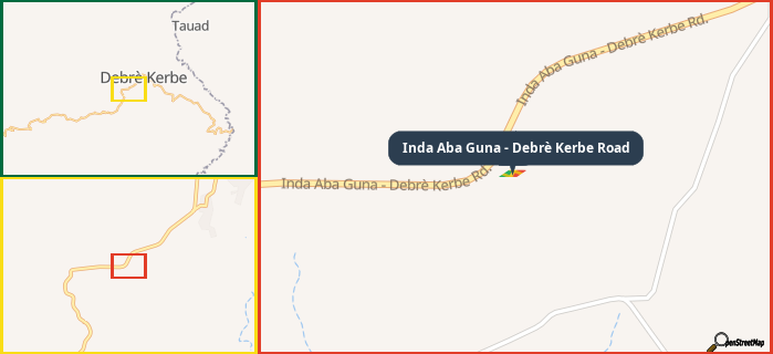 Map showing the address of Inda Aba Guna - Debrè Kerbe Road in three different zoom levels.