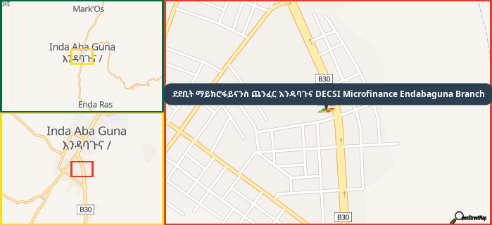 Map showing the address of ደደቢት ማይክሮፋይናንስ ጨንፈር እንዳባጉና DECSI Microfinance Endabaguna Branch in three different zoom levels.
