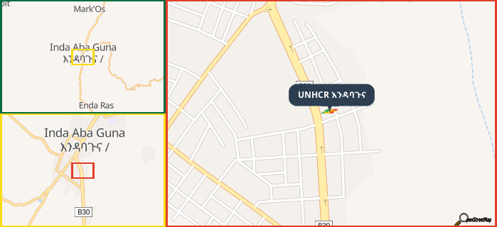 Map showing the address of UNHCR እንዳባጉና in three different zoom levels.