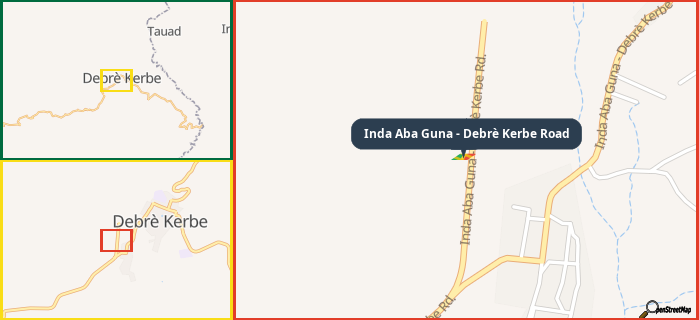 Map showing the address of Inda Aba Guna - Debrè Kerbe Road in three different zoom levels.