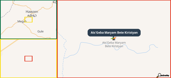Map showing the address of Ats'Geba Maryam Bete Kiristyan in three different zoom levels.