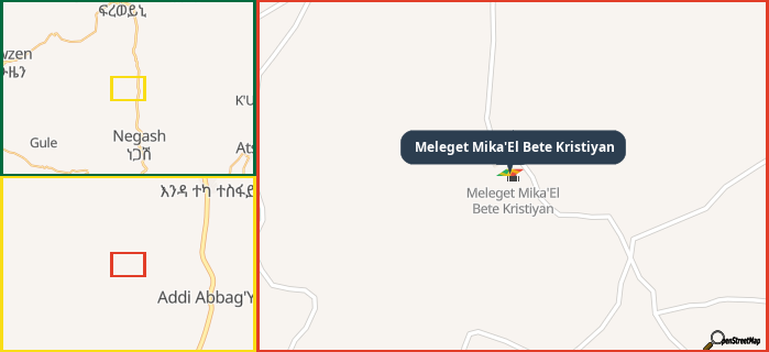 Map showing the address of Meleget Mika'El Bete Kristiyan in three different zoom levels.