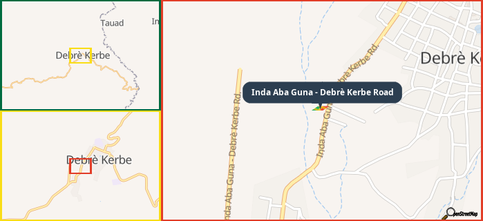 Map showing the address of Inda Aba Guna - Debrè Kerbe Road in three different zoom levels.