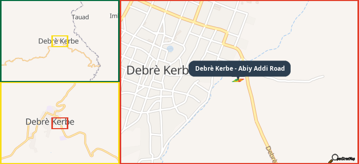 Map showing the address of Debrè Kerbe - Abiy Addi Road in three different zoom levels.