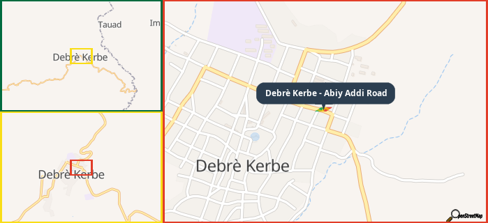 Map showing the address of Debrè Kerbe - Abiy Addi Road in three different zoom levels.