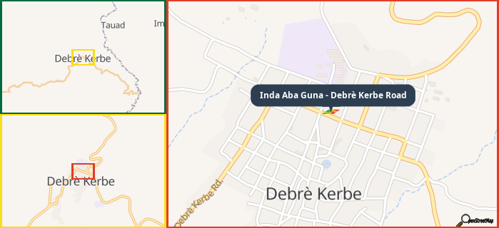 Map showing the address of Inda Aba Guna - Debrè Kerbe Road in three different zoom levels.