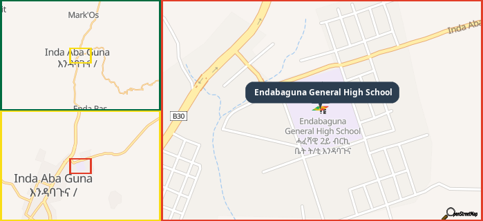 Map showing the address of Endabaguna General High School in three different zoom levels.