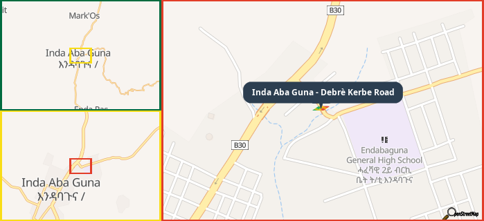 Map showing the address of Inda Aba Guna - Debrè Kerbe Road in three different zoom levels.