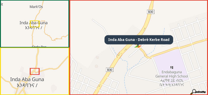 Map showing the address of Inda Aba Guna - Debrè Kerbe Road in three different zoom levels.