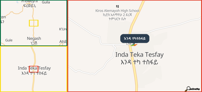 Map showing the address of እንዳ ተካተስፋይ in three different zoom levels.