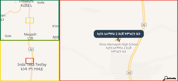 Map showing the address of ኪሮስ አለማየሁ 2 ደረጃ ትምህርት ቤት in three different zoom levels.