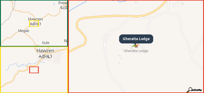 Map showing the address of Gheralta Lodge in three different zoom levels.