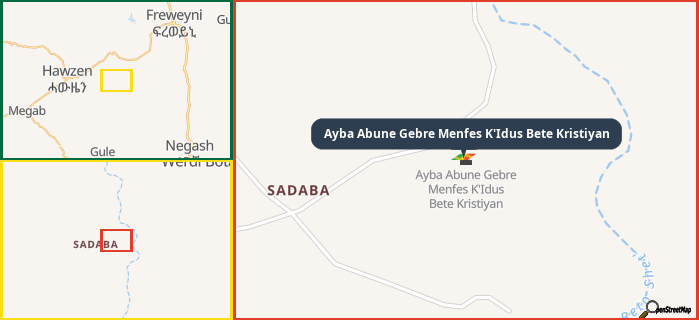 Map showing the address of Ayba Abune Gebre Menfes K'Idus Bete Kristiyan in three different zoom levels.