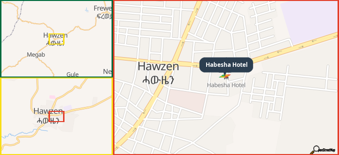 Map showing the address of Habesha Hotel in three different zoom levels.